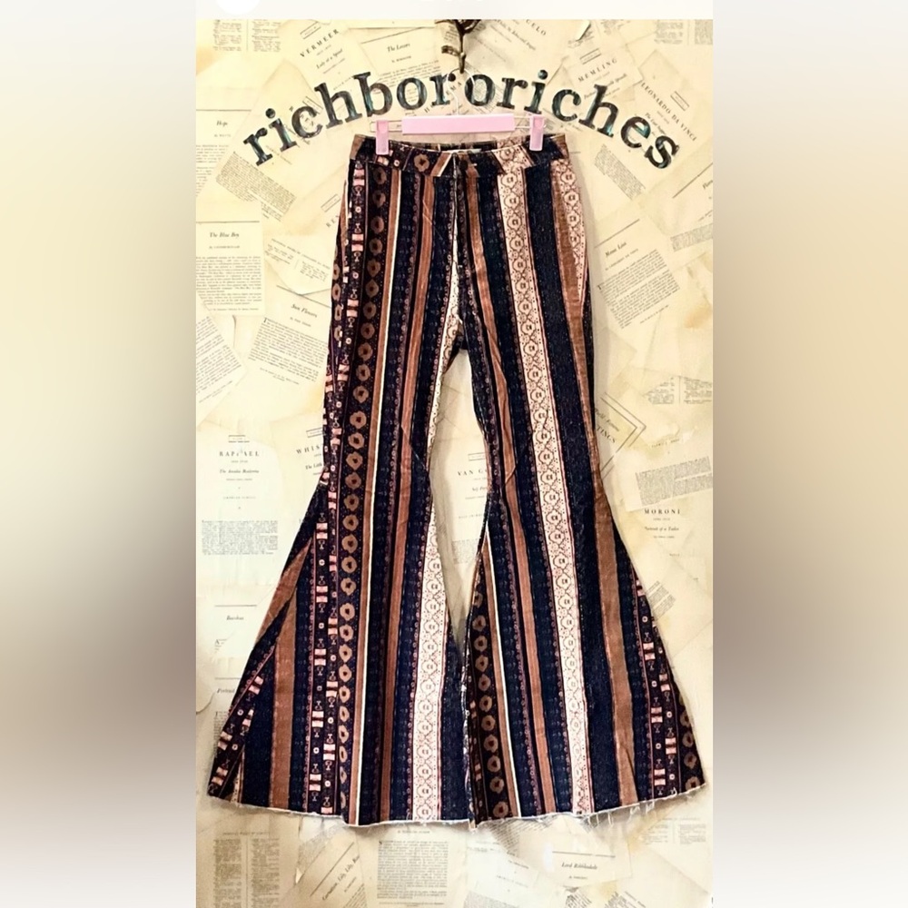 Free People Just Float On Flare Jean Corduroy Print Stripe Black Brown Tan - Picture 2 of 6
